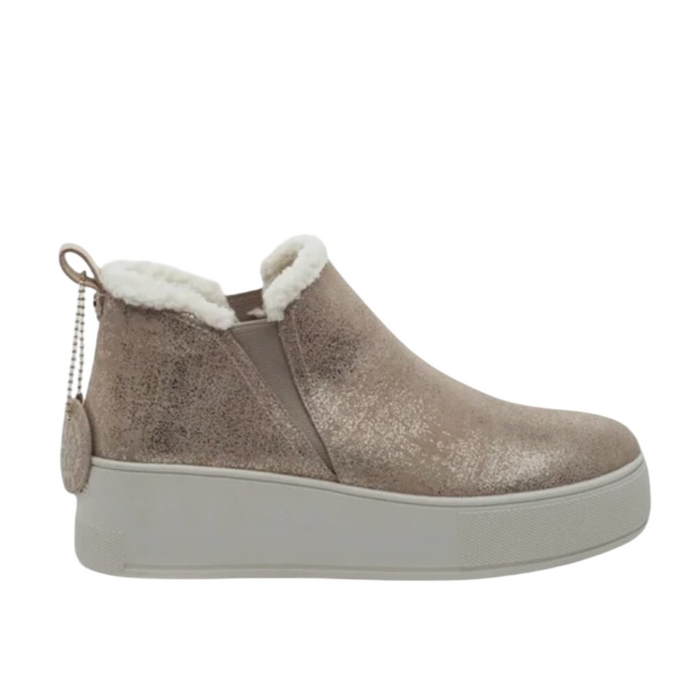 J/SLIDES Metallic Taupe Slip-On Sneakers with Faux Fur Trim